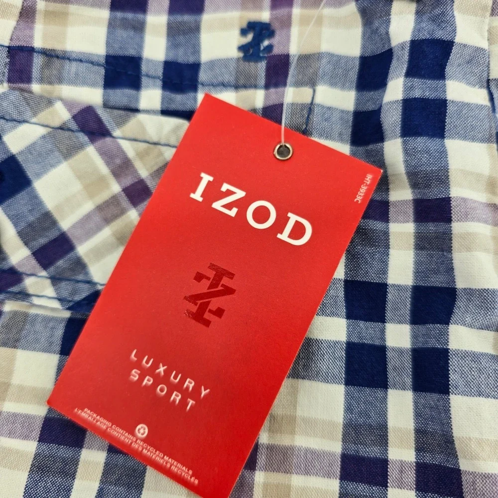 IZOD Madras Shorts Mens Luxury Sport Plaid Flat Front Navy Tan 38W MSRP $60 NEW